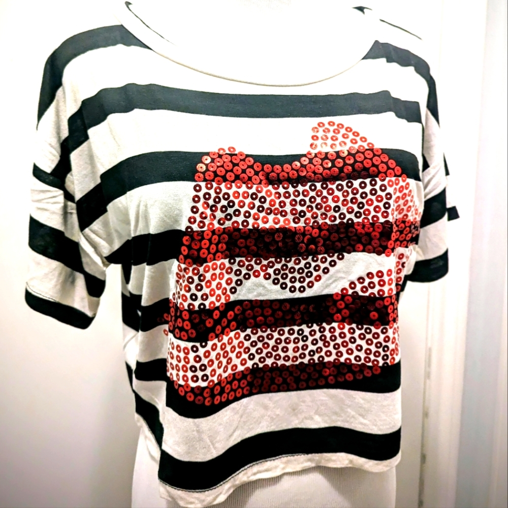 Black and white stripes crop top with graphic metallic lips in red. New no tags